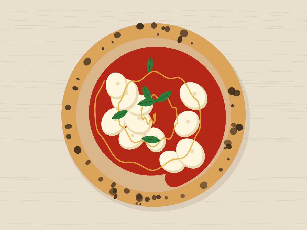 Ilustração de uma pizza Margherita cozida com mozzarella, manjericão e borda com manchas escuras