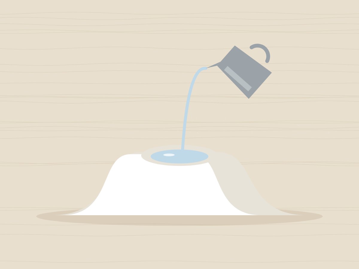 Ilustração de farinha numa fontana sobre a bancada, com água no centro