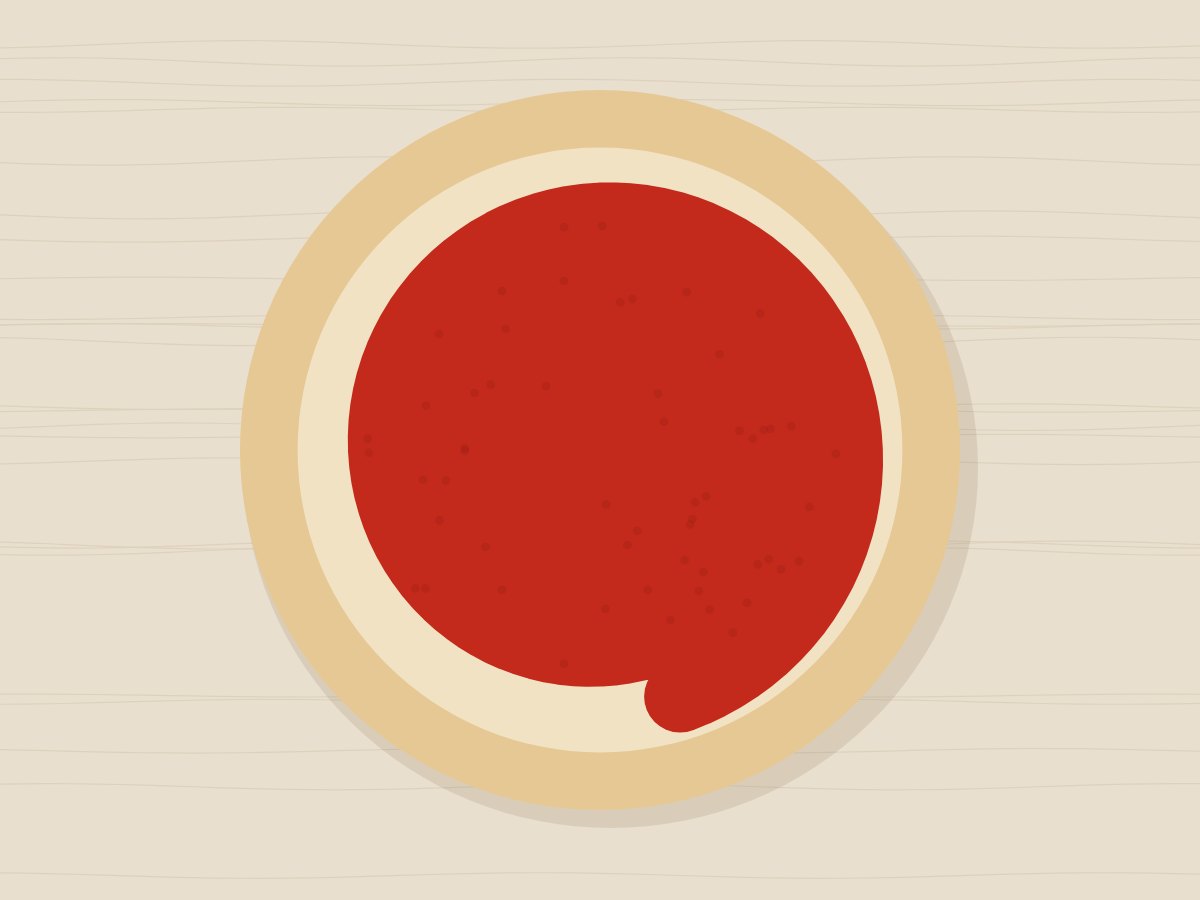 Ilustração de molho de tomate espalhado em espiral numa massa de pizza aberta